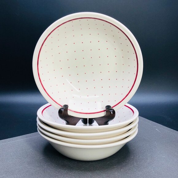 Vintage 60s BILTONS England Ironstone Coupe Bowl Set of 5 - Cranberry Polka Dot - Picture 1 of 10